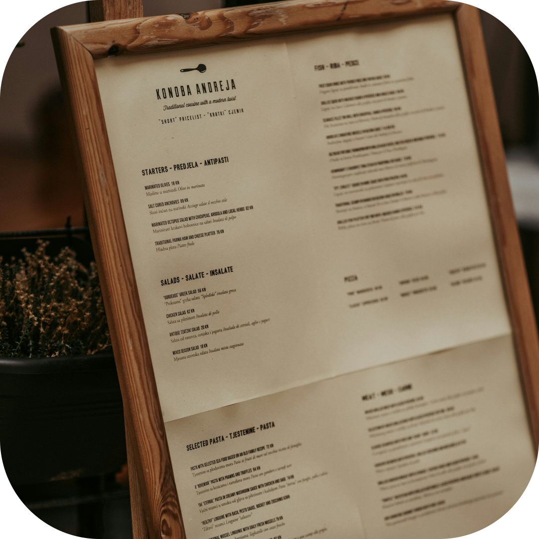 menu printed from the system