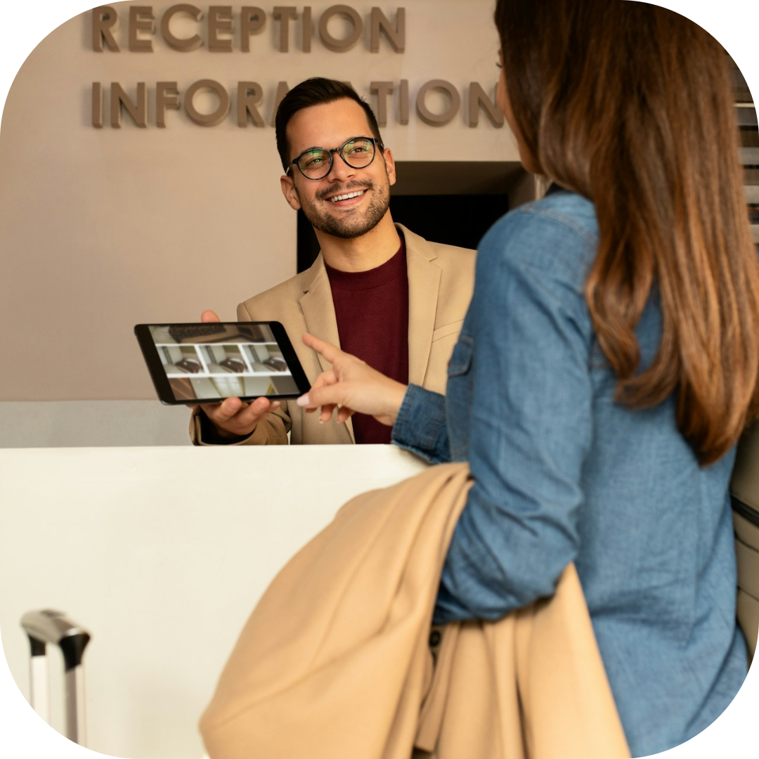 guests using tablet to see room reservation