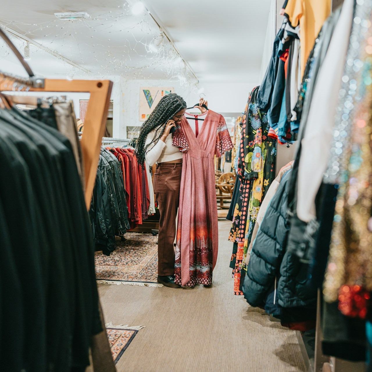 A lady in a retail clothing store is looking at dresses